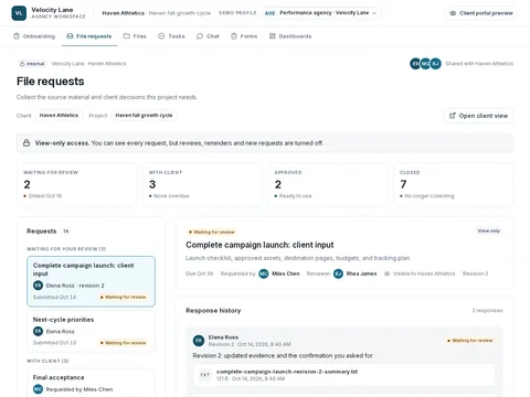 Performance agency evidence review for the performance-agency profile, showing the populated admin workflow
