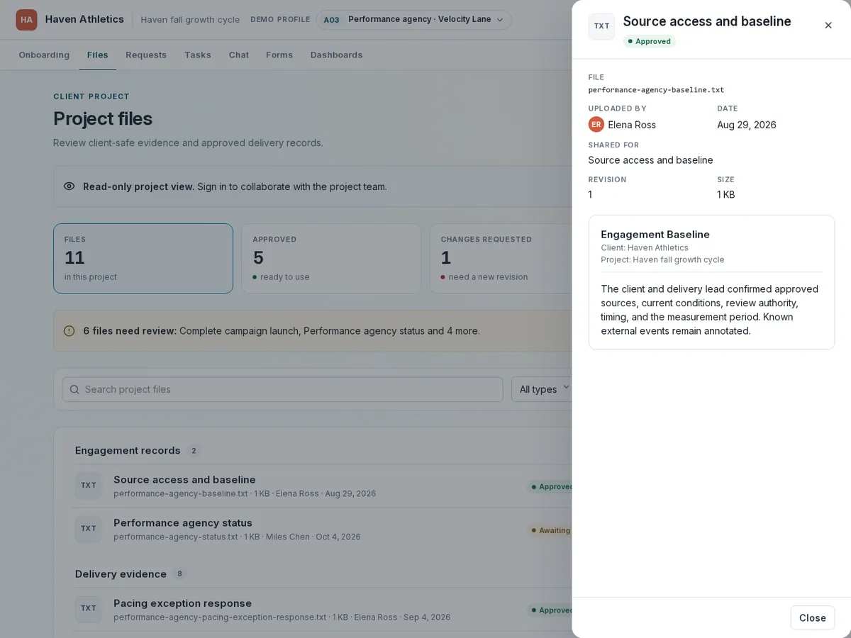 Approved engagement baseline and its original stored file in the client Files app