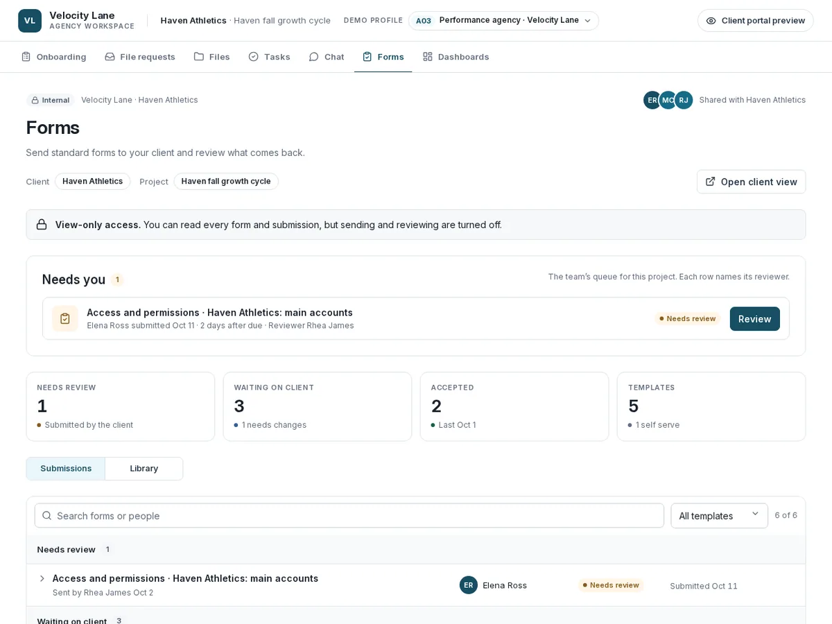 Performance agency form review for the performance-agency profile, showing the populated admin workflow