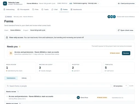 Performance agency form review for the performance-agency profile, showing the populated admin workflow