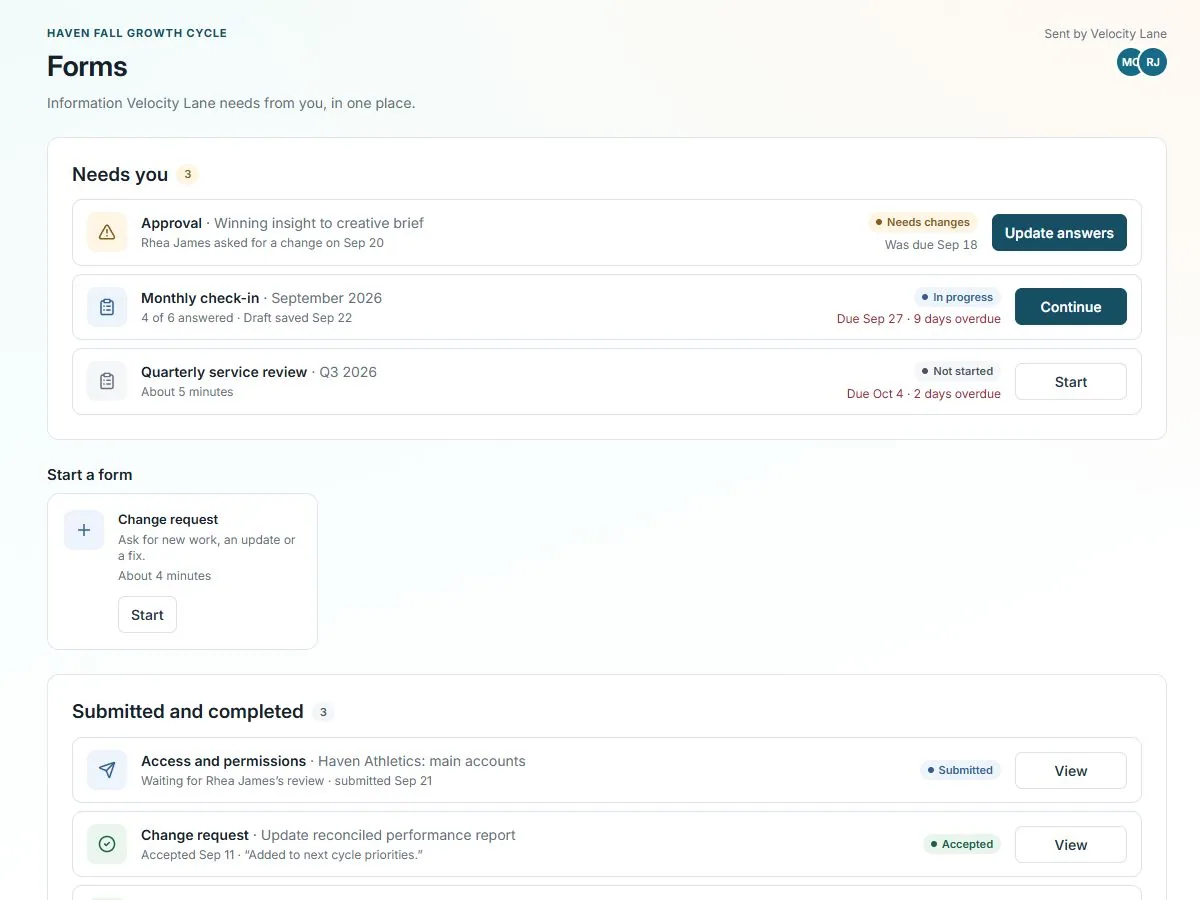 Performance agency client forms for the performance-agency profile, showing the populated client workflow