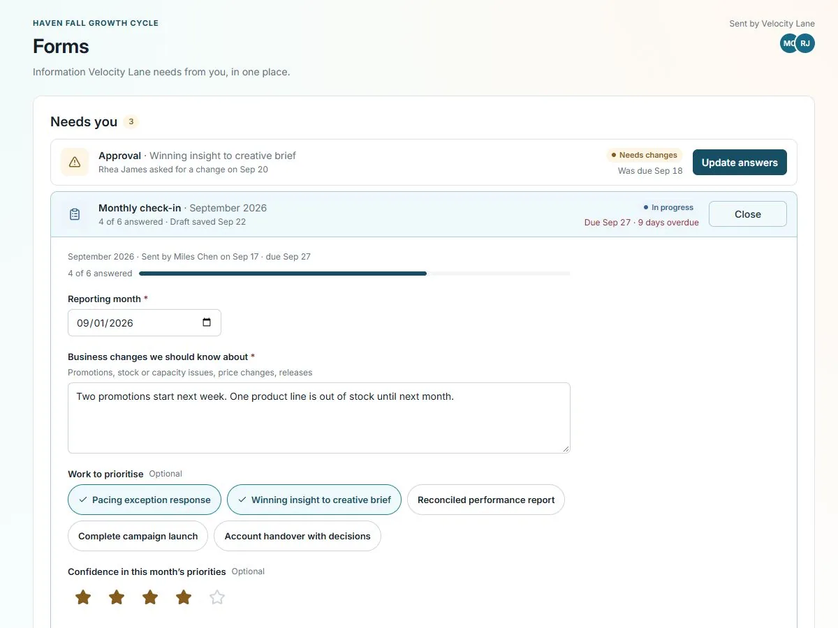 Client monthly check-in with saved answers and campaign work priorities