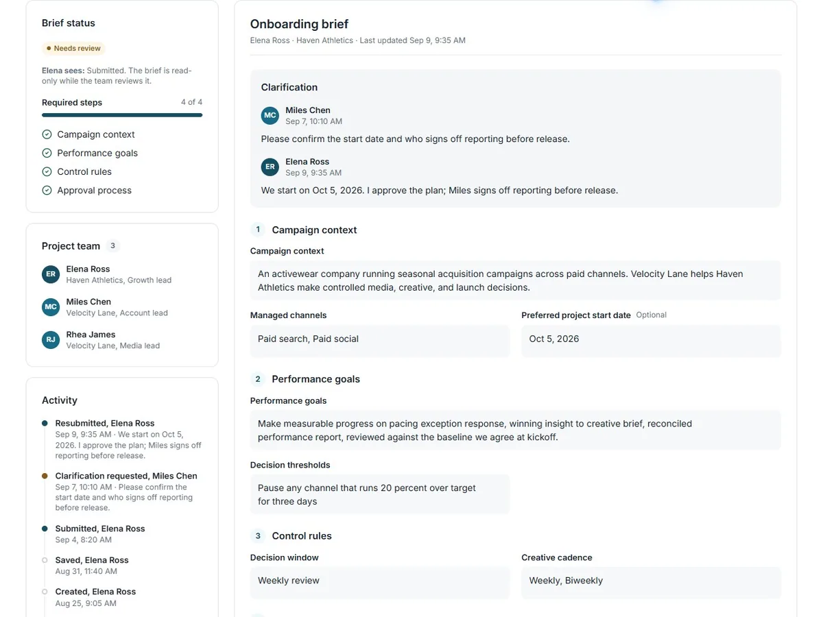 Admin onboarding brief with campaign context, performance goals, clarification history and control rules