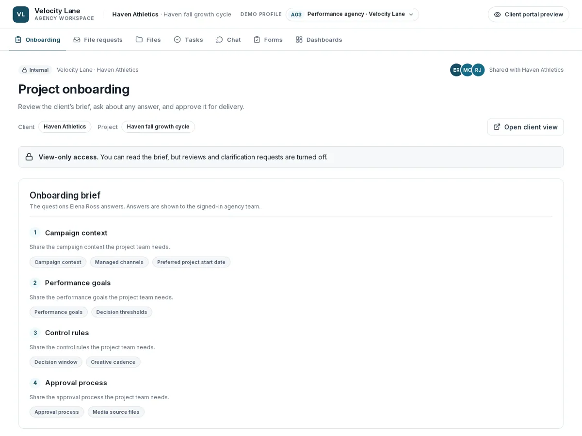 Performance agency onboarding review for the performance-agency profile, showing the populated admin workflow