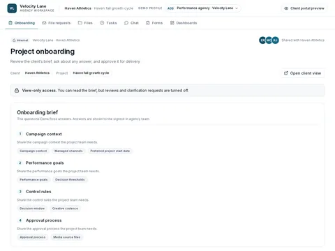 Performance agency onboarding review for the performance-agency profile, showing the populated admin workflow