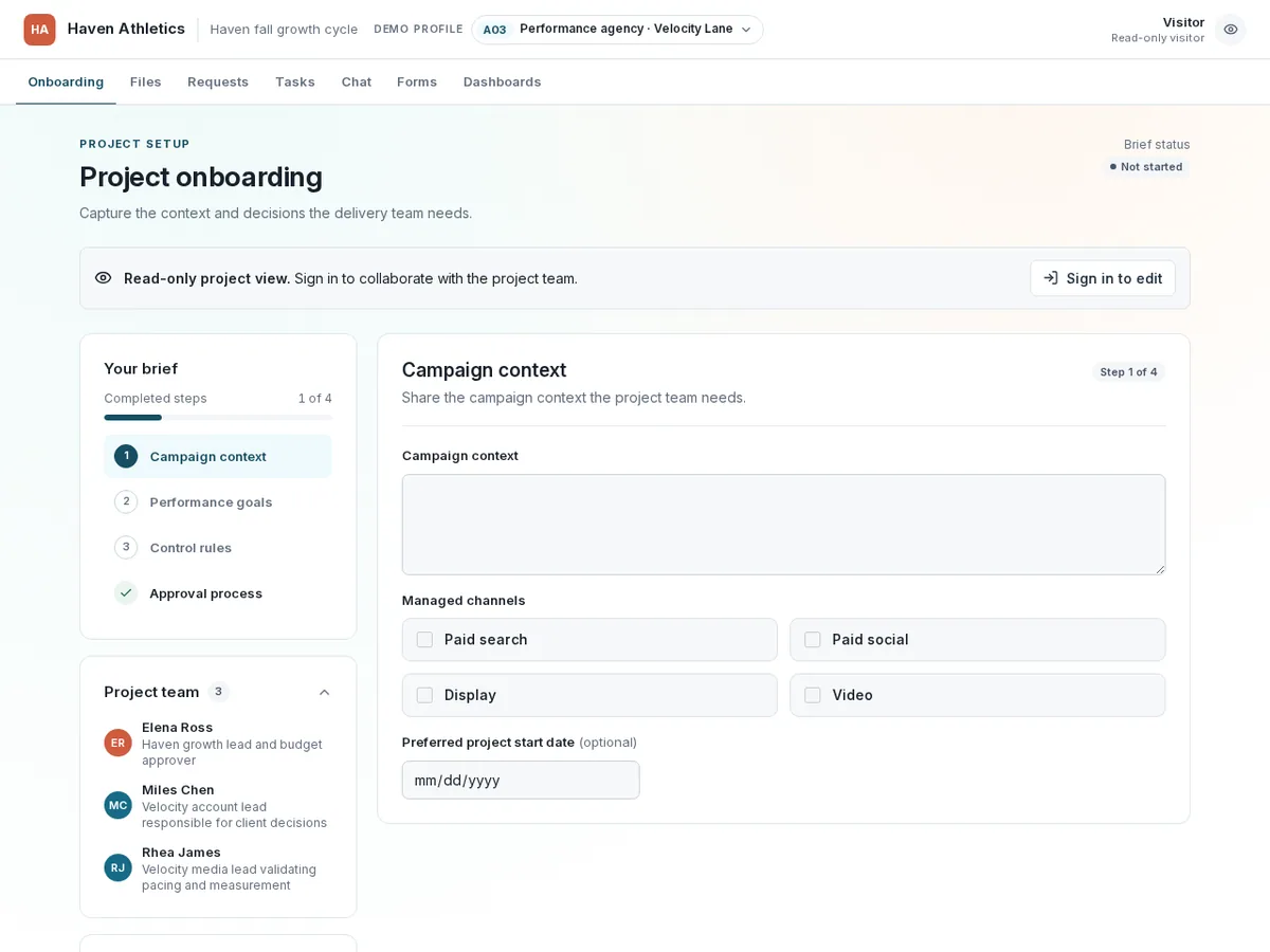 Performance agency campaign onboarding for the performance-agency profile, showing the populated client workflow