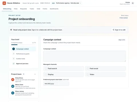 Performance agency campaign onboarding for the performance-agency profile, showing the populated client workflow