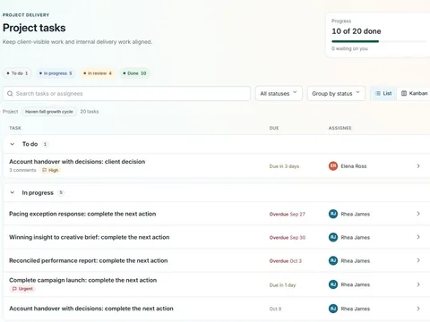 Performance-agency client task list with campaign delivery stages, owners and due dates.