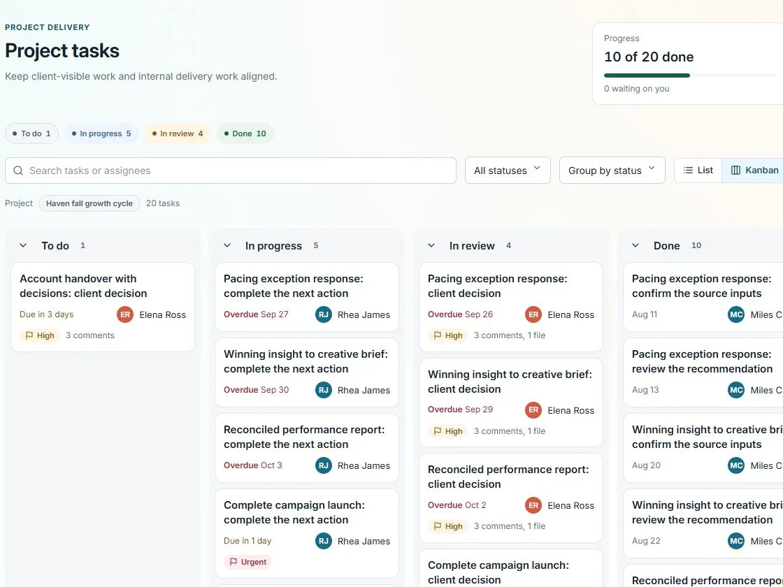 Client-visible performance-agency tasks grouped by delivery stage