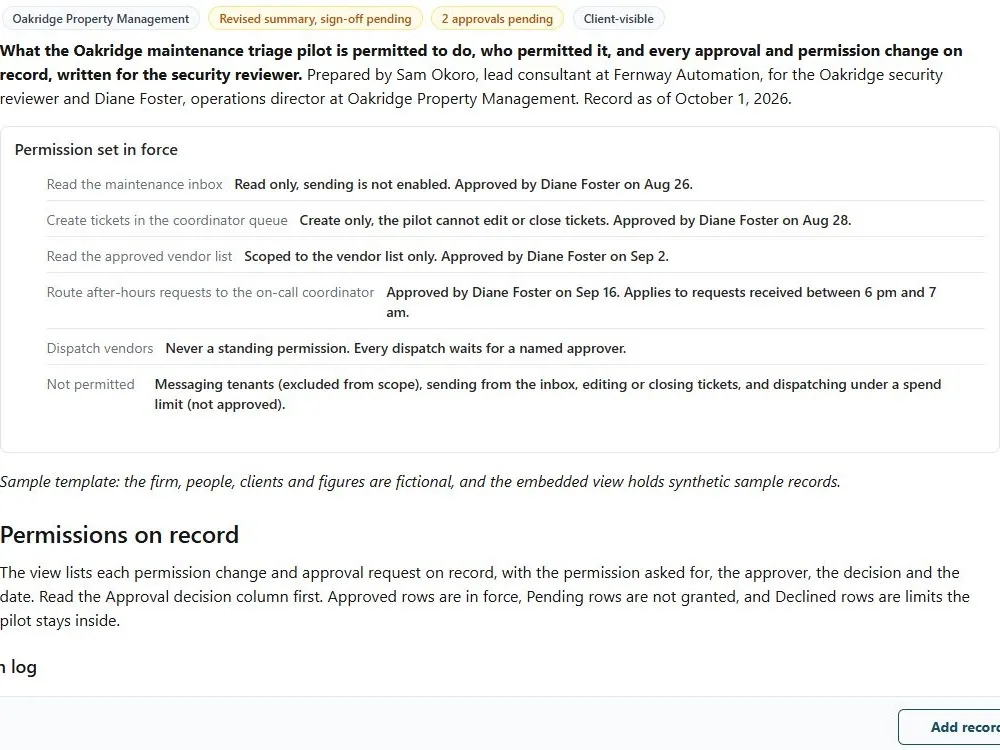 Screenshot of the Permission and approval summary document page