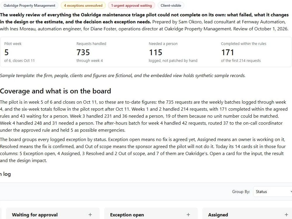 Screenshot of the Pilot exception review document page