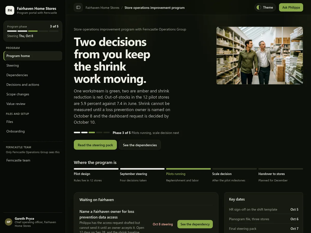 PMO program client portal in the Night plan (Dark) theme