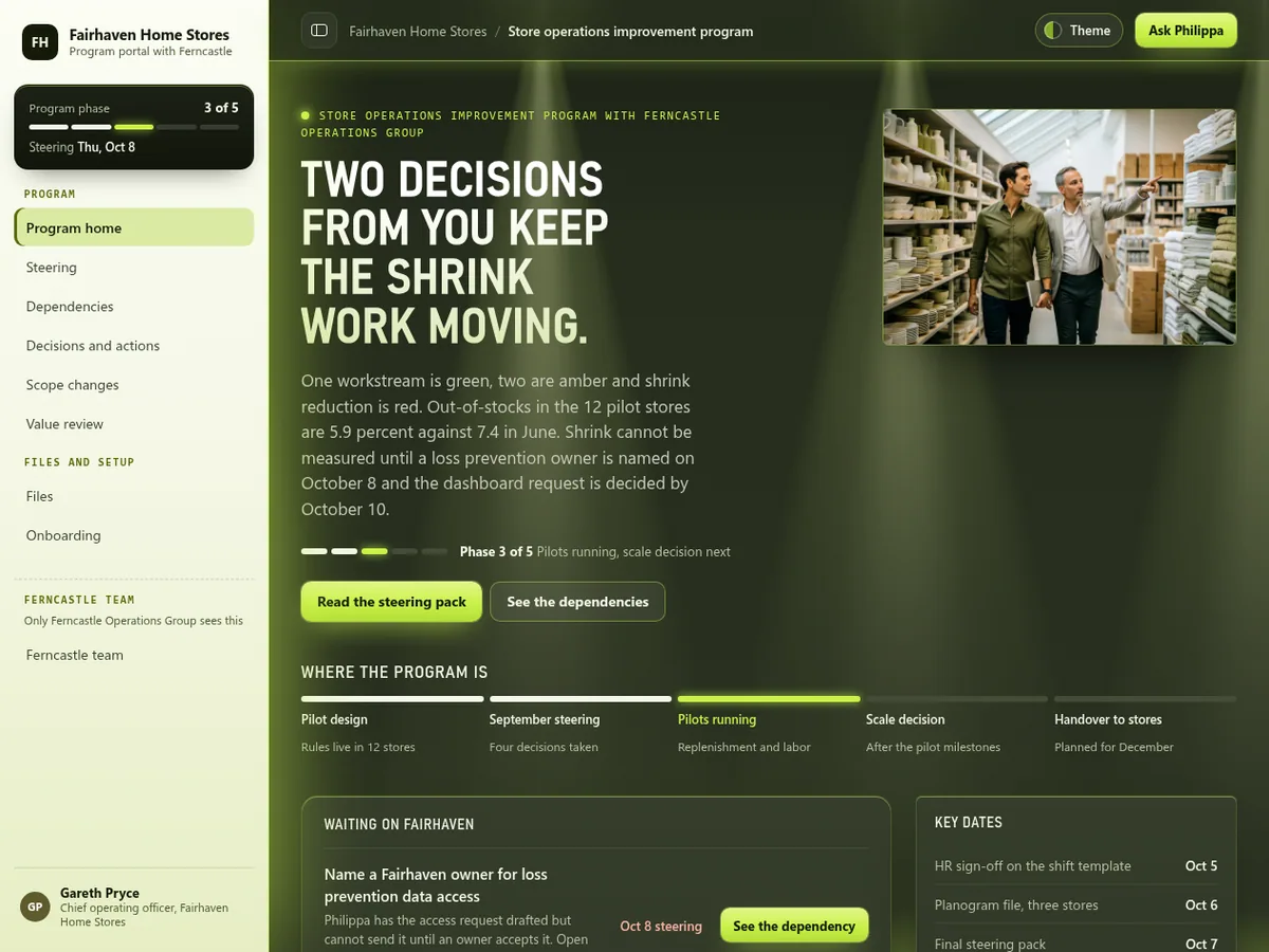 PMO program client portal in the Night aisle (Futuristic) theme