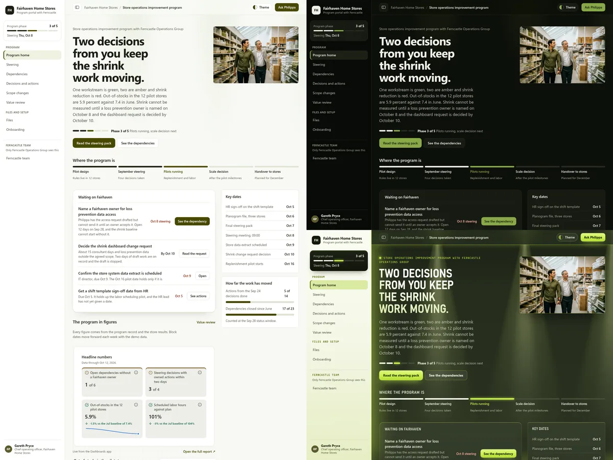 PMO program client portal: Chalk (Light) theme on the left, Night plan (Dark) top right and Night aisle (Futuristic) bottom right