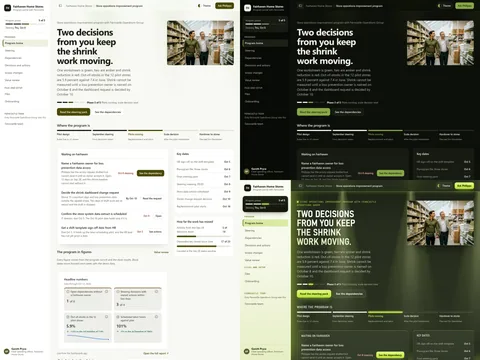 PMO program client portal: Chalk (Light) theme on the left, Night plan (Dark) top right and Night aisle (Futuristic) bottom right