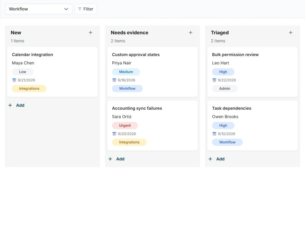 Product feedback and roadmap intake: actual workflow board with populated status columns
