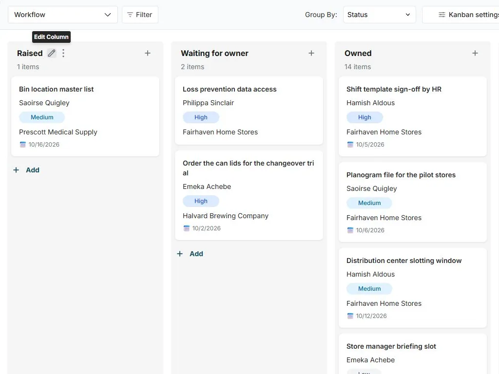 Program dependency and decision register in FuseBase Databases: Workflow Kanban view