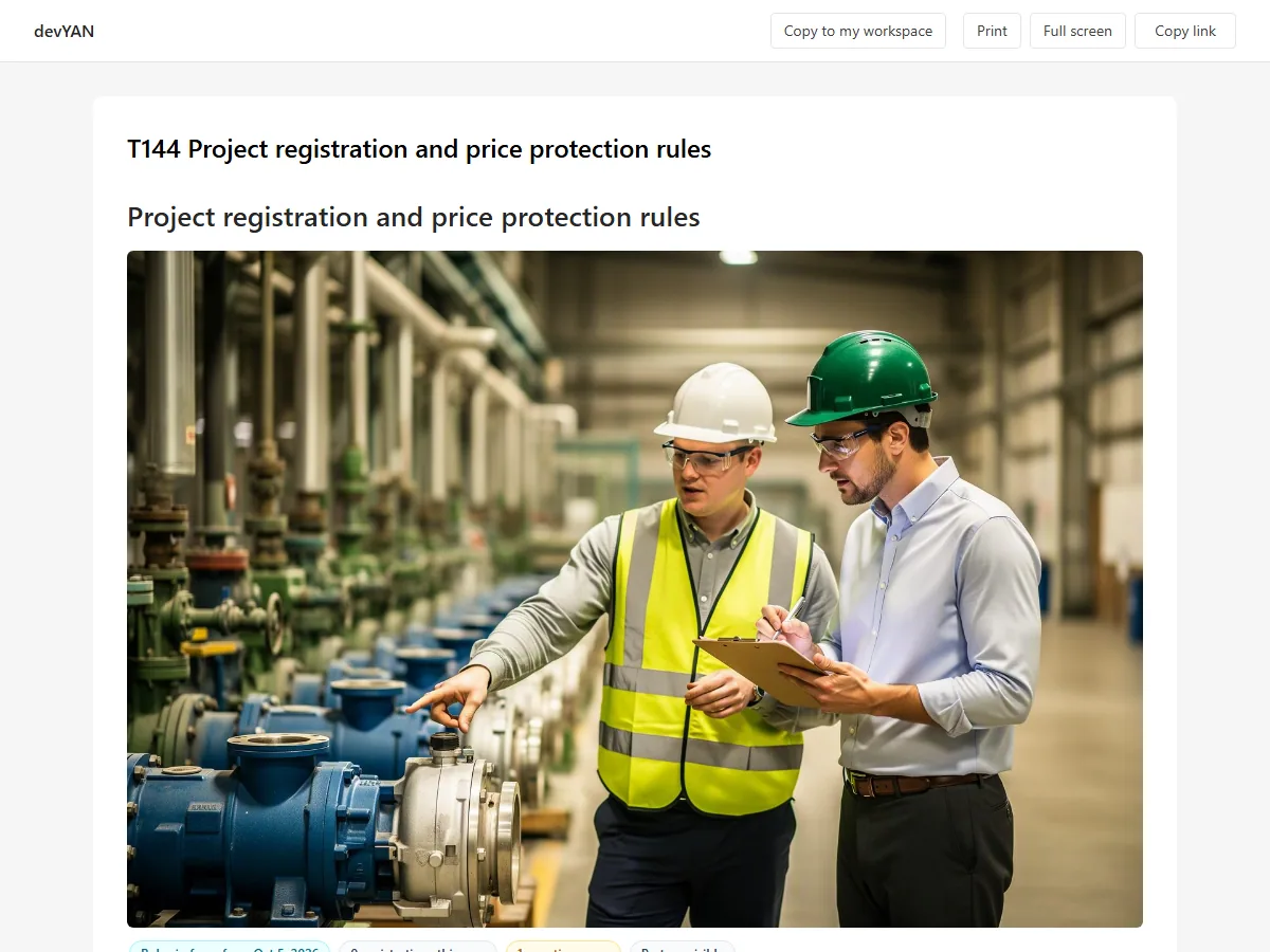 Native T144 Project registration and price protection rules page title and header image