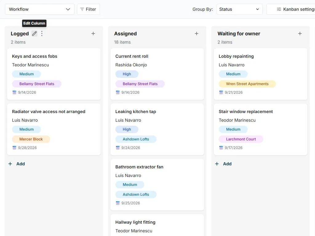 Property operating record and owner approvals in FuseBase Databases: Workflow Kanban view