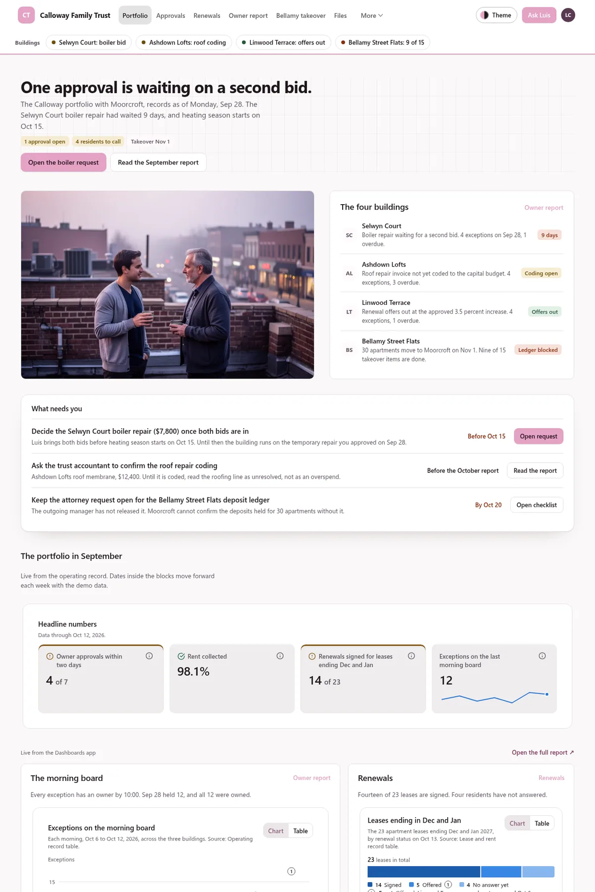 Property management owner portal in the Facade (Light) theme