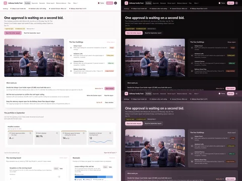 Property management owner portal: Facade (Light) theme on the left, Dusk (Dark) top right and Heather frost (Futuristic) bottom right