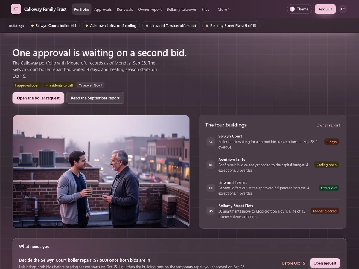 Property management owner portal in the Heather frost (Futuristic) theme