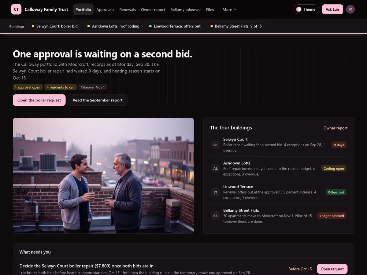 Property management owner portal in the Dusk (Dark) theme