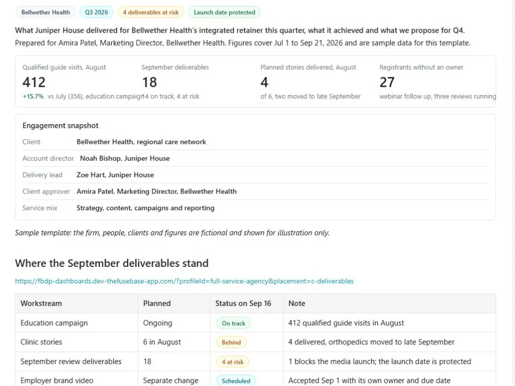 Screenshot of the Quarterly business review for retainer clients document page