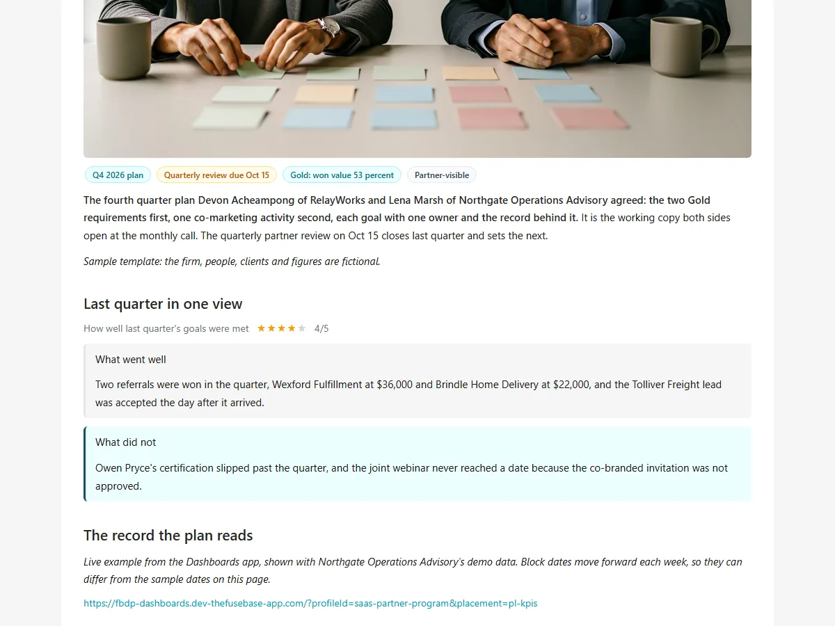Native T151 Quarterly partner plan with RelayWorks page showing the first substantive section