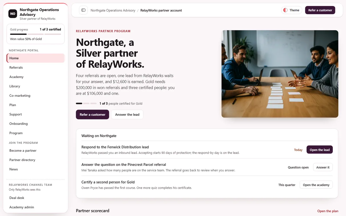 Northgate referral partner portal in Signal light theme, showing the program overview and action list