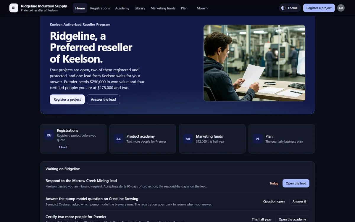 Ridgeline reseller portal in Night bench dark theme