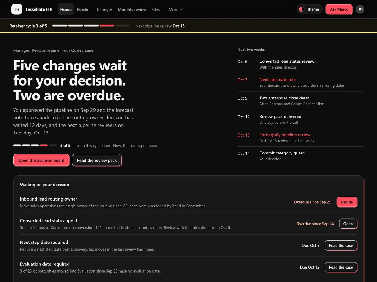 RevOps retainer client portal in the Ink (Dark) theme