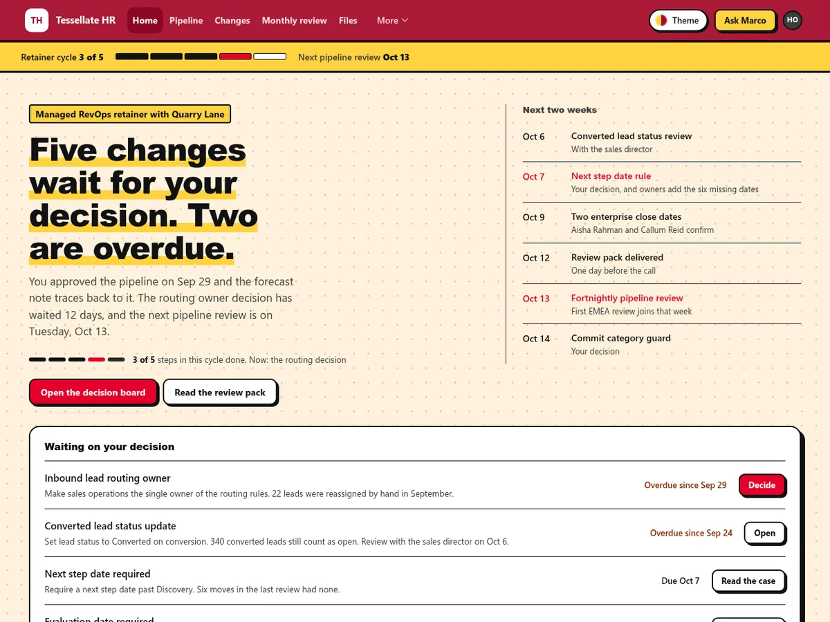 RevOps retainer client portal in the Neo-brutalist (Futuristic) theme