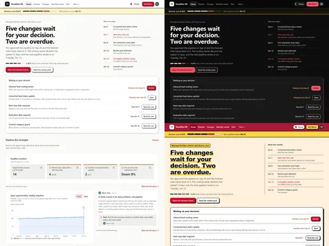 RevOps retainer client portal: Proof (Light) theme on the left, Ink (Dark) top right and Neo-brutalist (Futuristic) bottom right