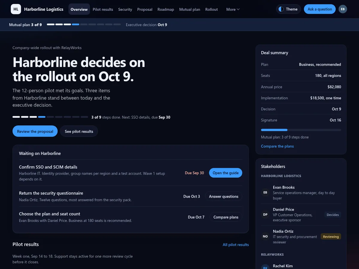 SaaS vendor deal room in the Night (Dark) theme