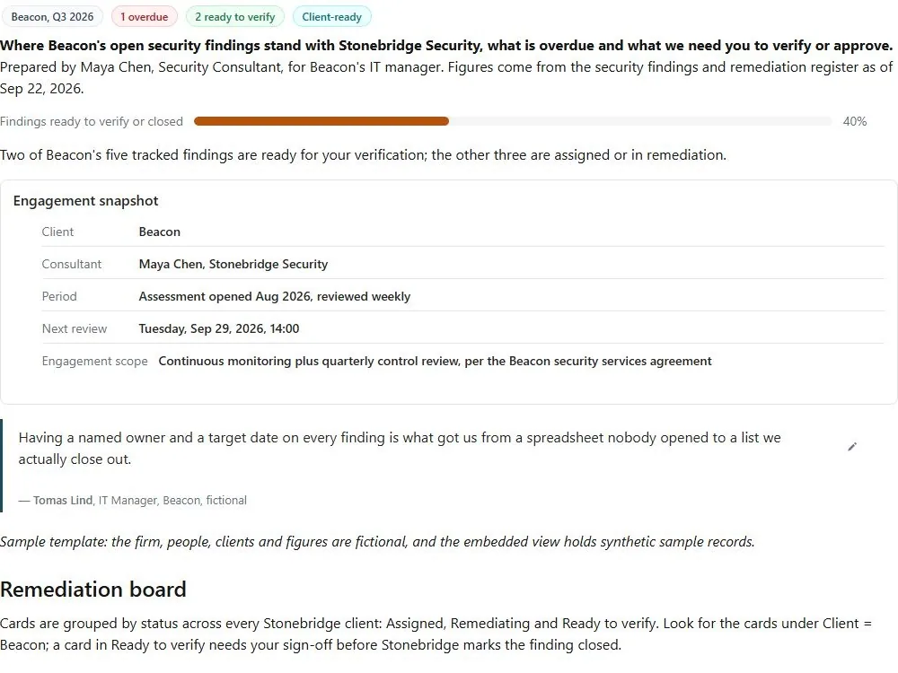 Screenshot of the Security remediation status report document page