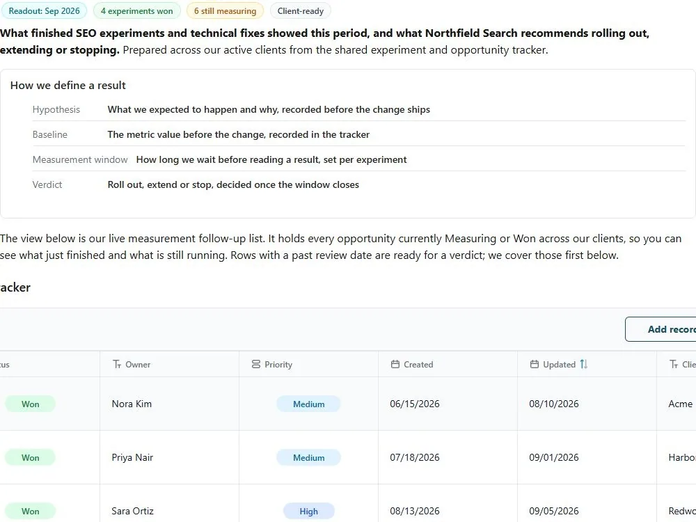 Screenshot of the SEO experiment results readout document page
