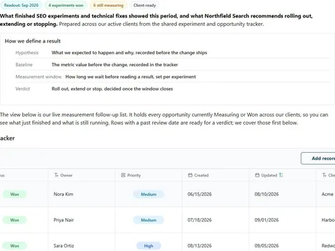 Screenshot of the SEO experiment results readout document page