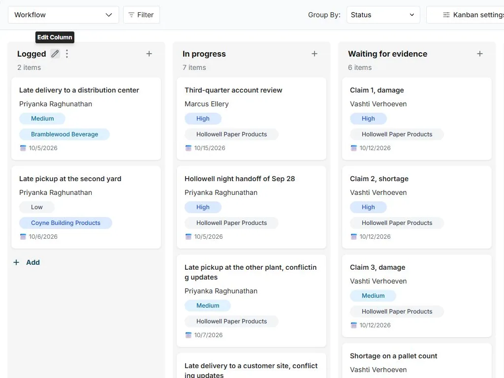 Shipment exception, accessorial and claim record in FuseBase Databases: Workflow Kanban view