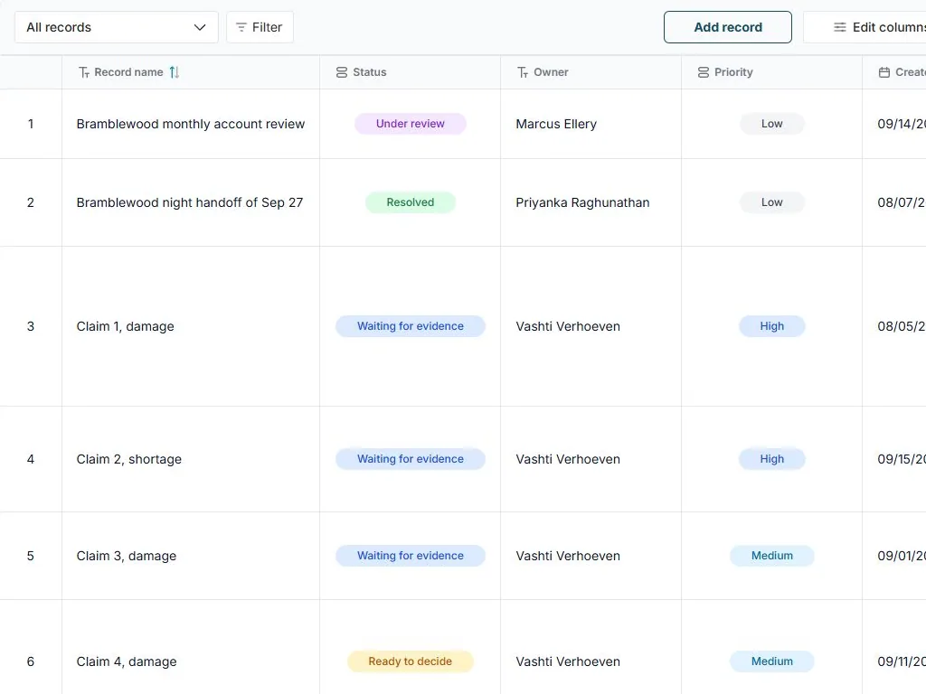 Shipment exception, accessorial and claim record in FuseBase Databases: All records table view