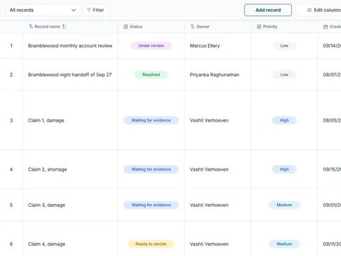 Shipment exception, accessorial and claim record in FuseBase Databases: All records table view