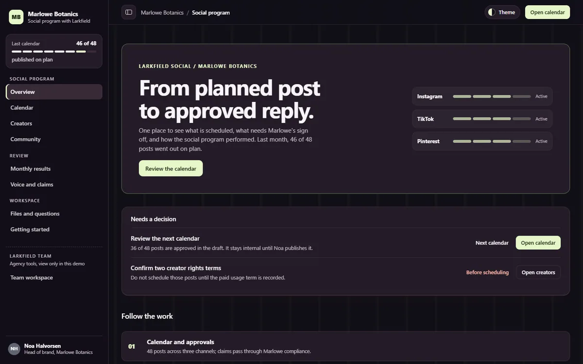 Marlowe Botanics social publishing portal in the After hours Dark theme