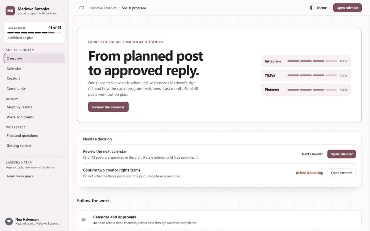 Marlowe Botanics social publishing portal in the Planning desk Light theme