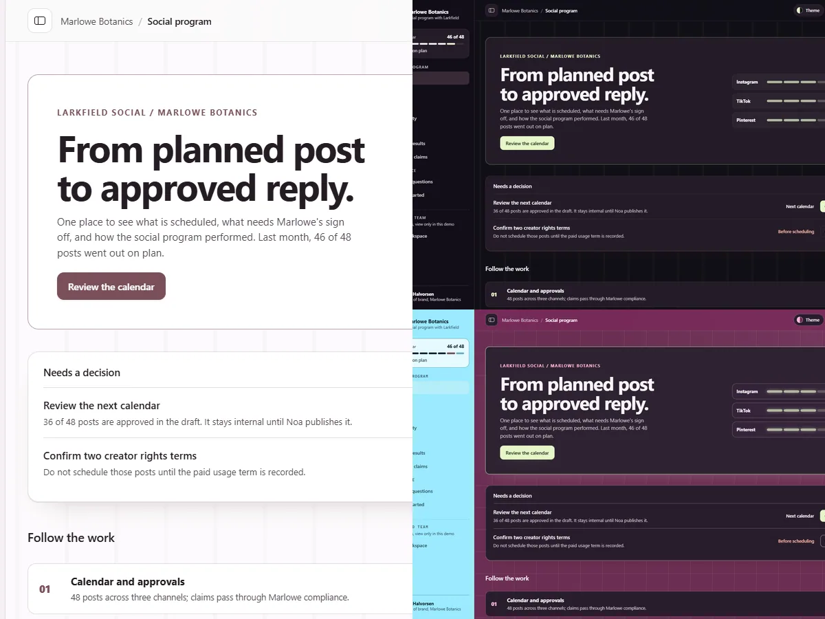 Three views of the Marlowe Botanics portal: Planning desk Light at left, After hours Dark above right, and Publishing signal Futuristic below right