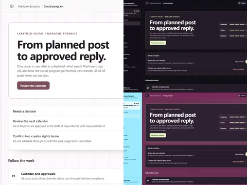 Three views of the Marlowe Botanics portal: Planning desk Light at left, After hours Dark above right, and Publishing signal Futuristic below right
