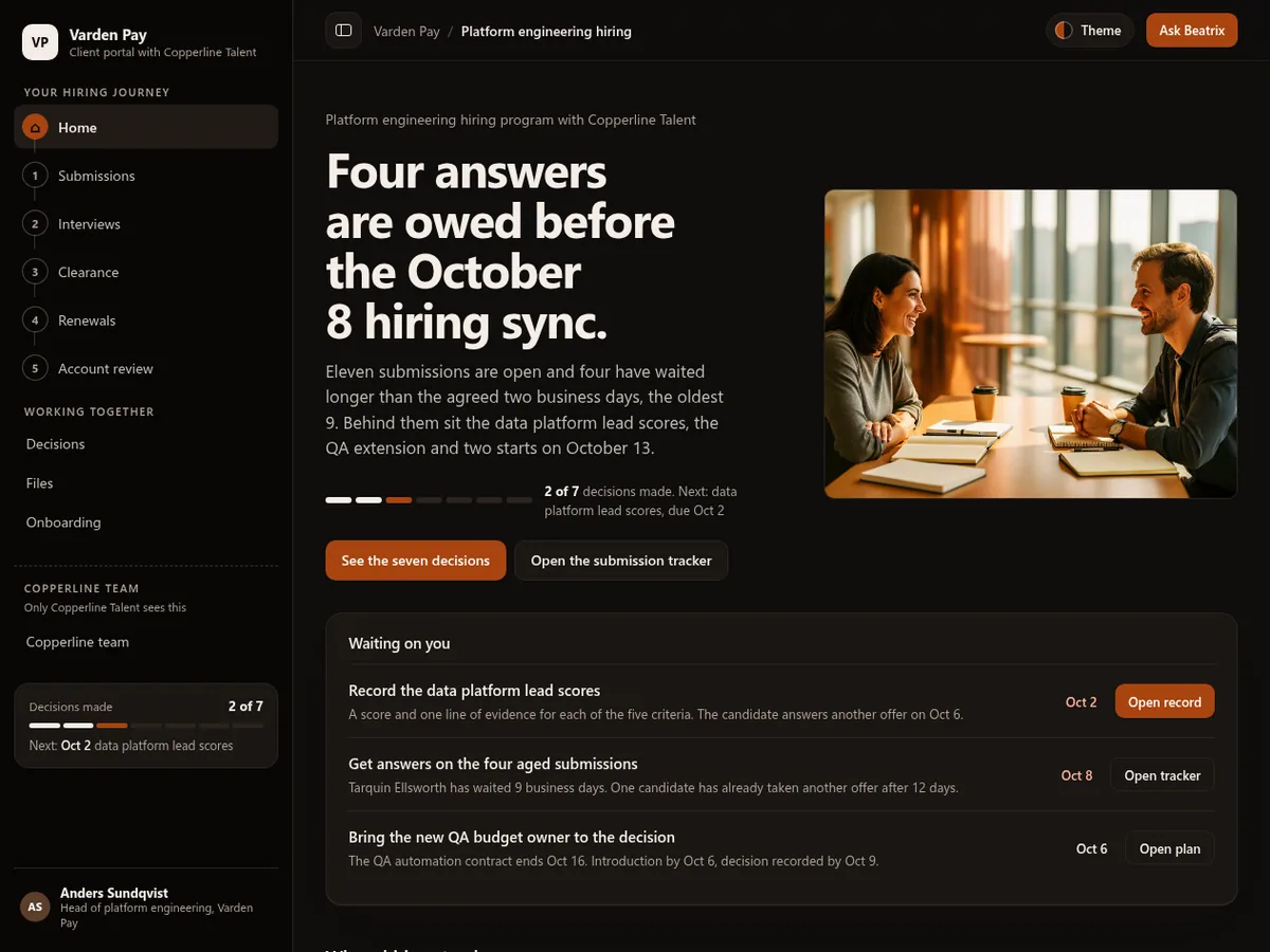 Staffing agency hiring portal in the Night shift (Dark) theme