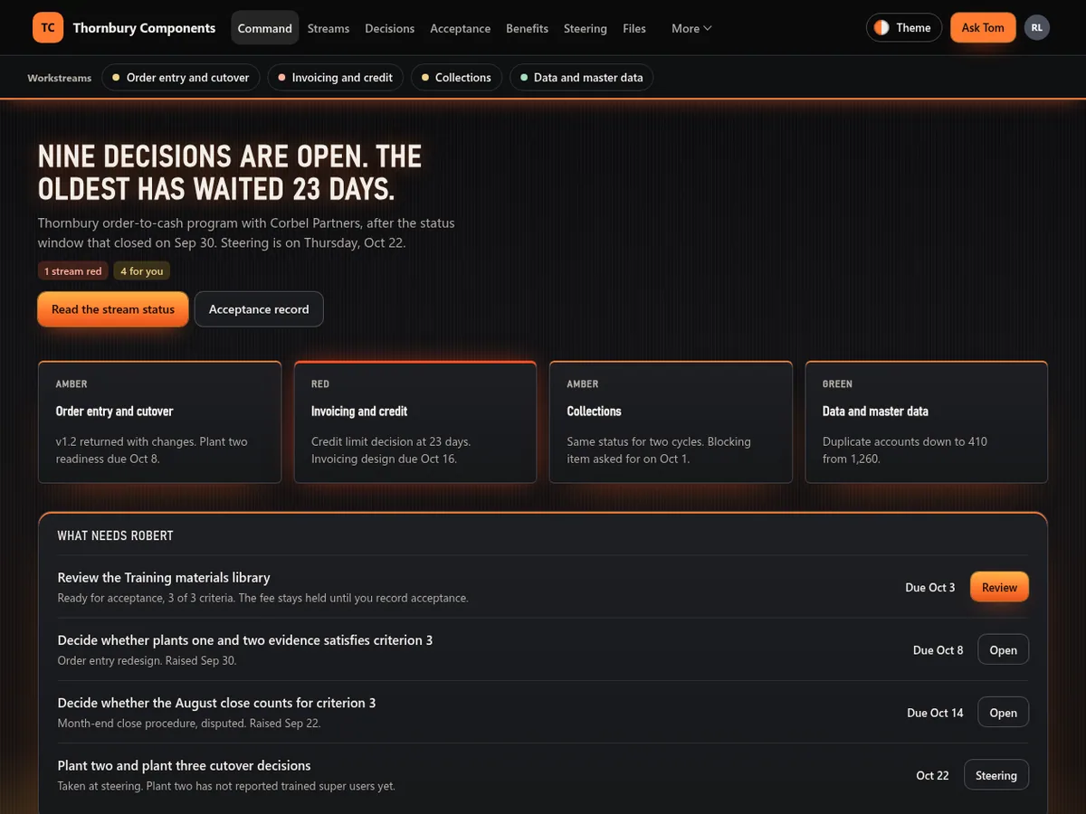 Transformation program client portal in the Molten foundry (Futuristic) theme