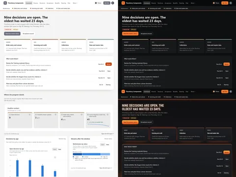 Transformation program client portal: Steel (Light) theme on the left, Iron (Dark) top right and Molten foundry (Futuristic) bottom right