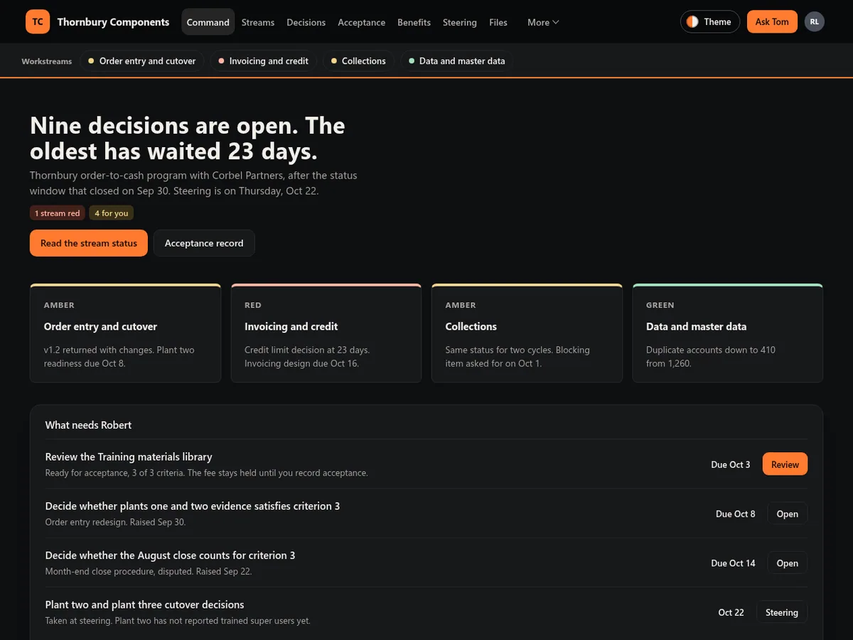 Transformation program client portal in the Iron (Dark) theme