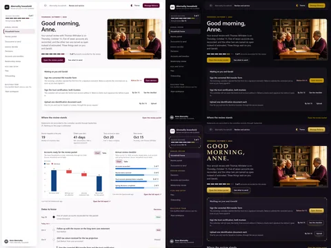 Wealth management household portal: Study (Light) theme on the left, Evening ledger (Dark) top right and Deco ledger (Futuristic) bottom right